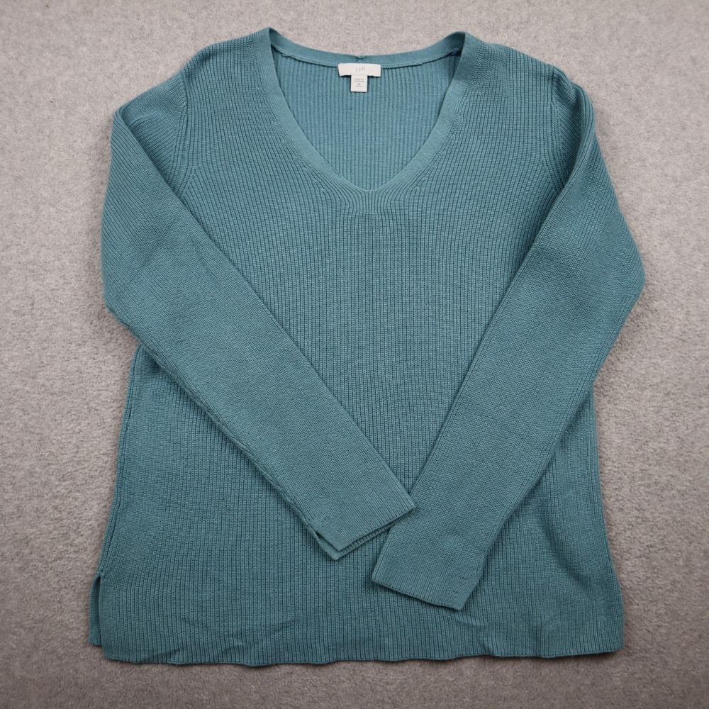 J. Jill Sweater Women XS Petite Blue V-Neck Ribbed Cotton Blend Pullover Casual